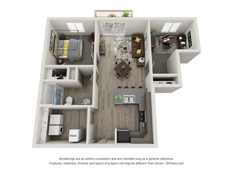 Floor plan for 1 bed, 1 bath, 829 sqft